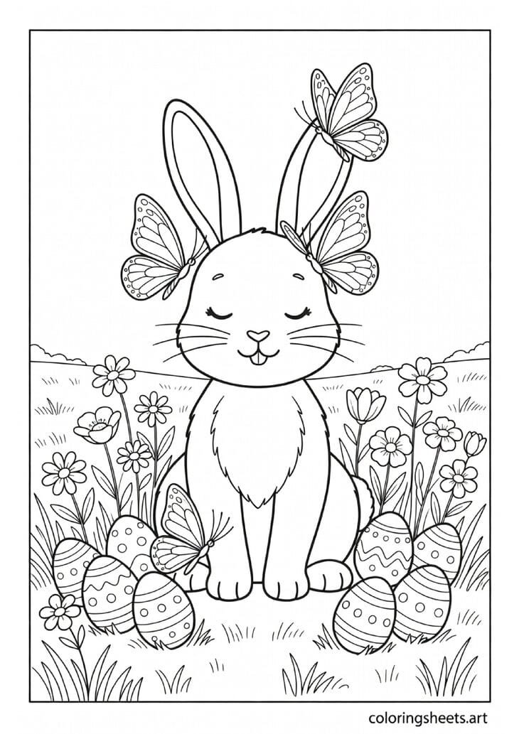 Sweet Easter bunny sitting still with three butterflies landing on its head ears and paws surrounded by wildflowers coloring page — free printable PDF