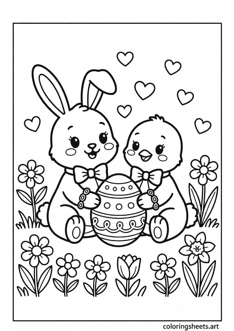 Easter bunny and baby chick best friends in matching bow ties sharing a giant Easter egg with friendship bracelets coloring page—free printable PDF