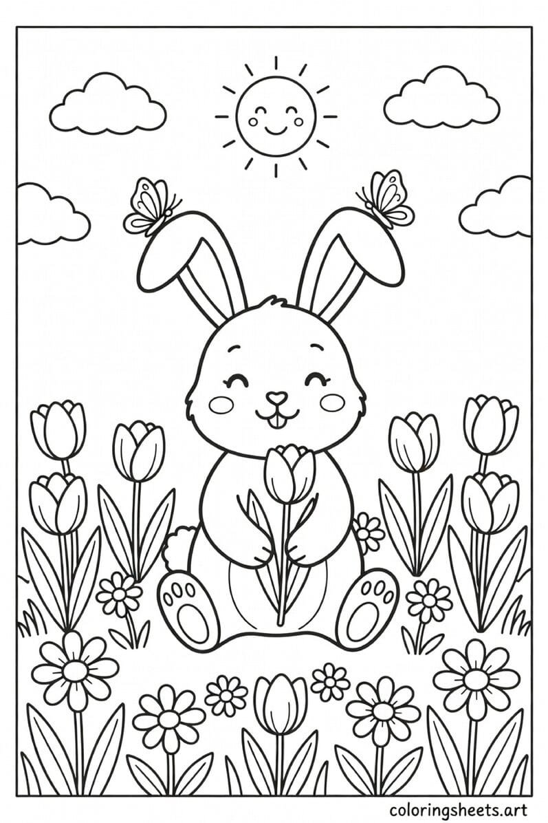 Sweet Easter bunny sitting in a spring flower field with butterflies and tulips coloring page for kids — free printable PDF