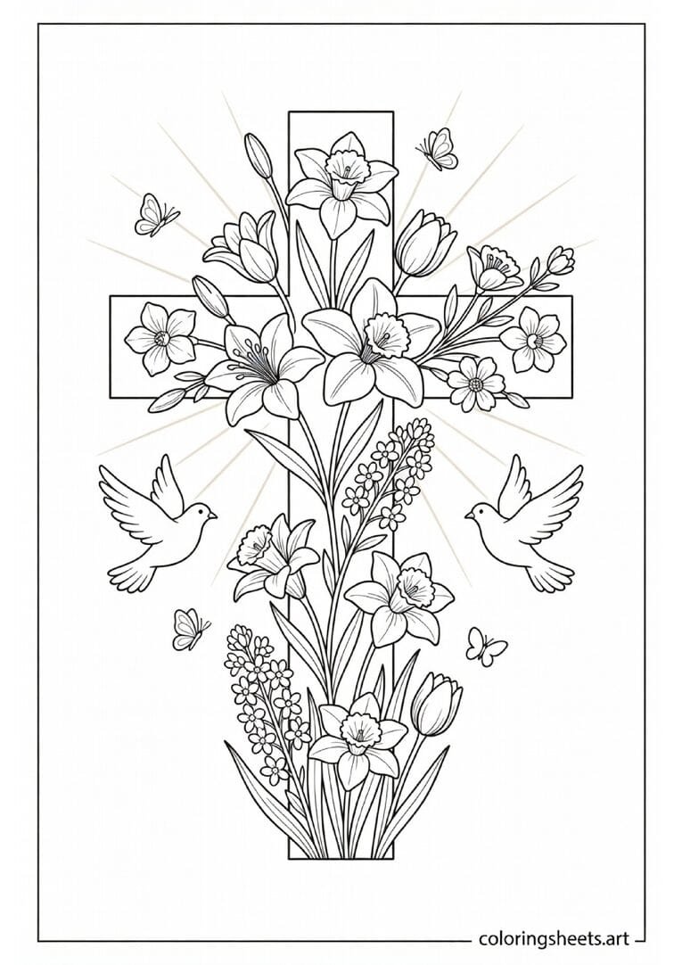 Easter cross decorated with lilies spring flowers and doves with sunbeams coloring page for children and families — free printable PDF