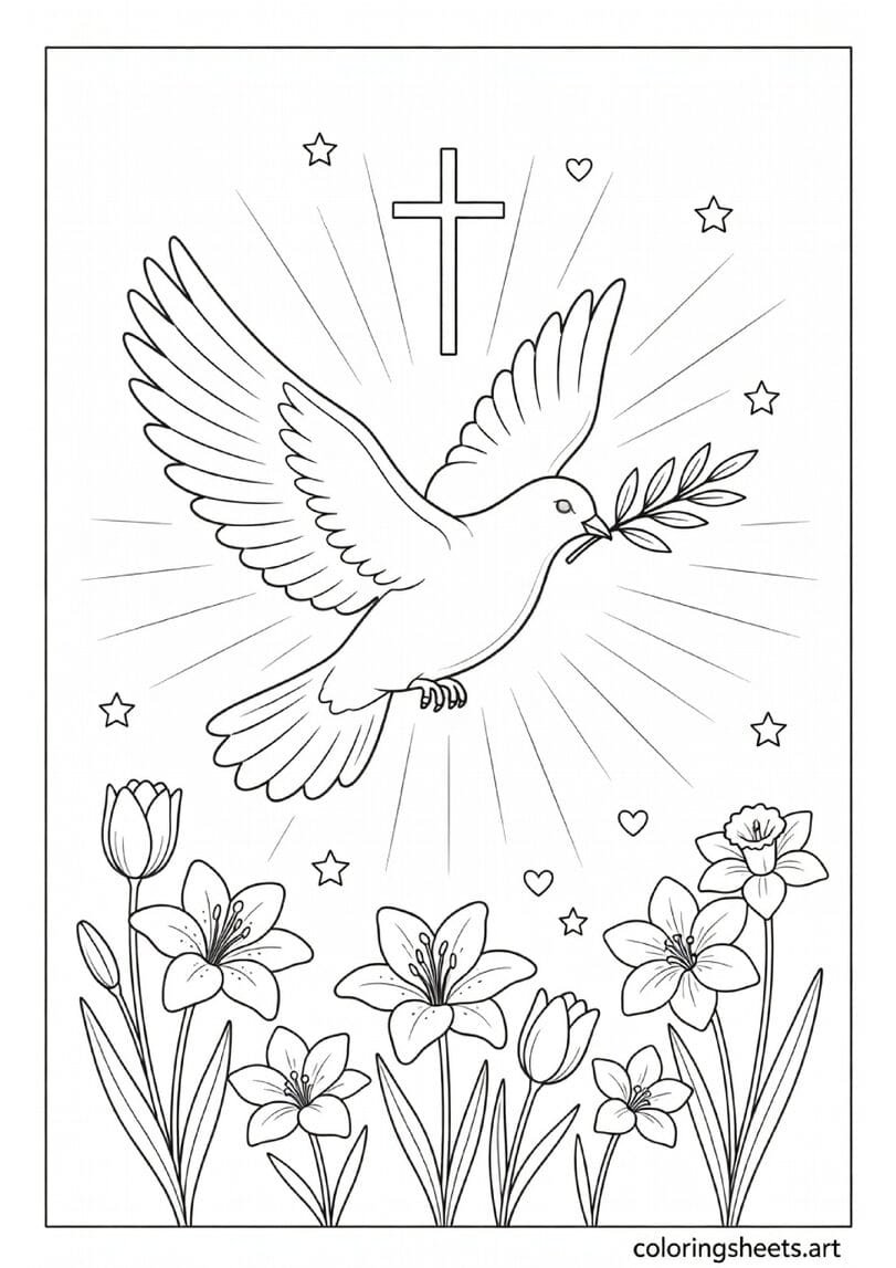 Beautiful Easter dove in flight carrying olive branch with sunbeams and Easter lilies and cross in background coloring page — free printable PDF