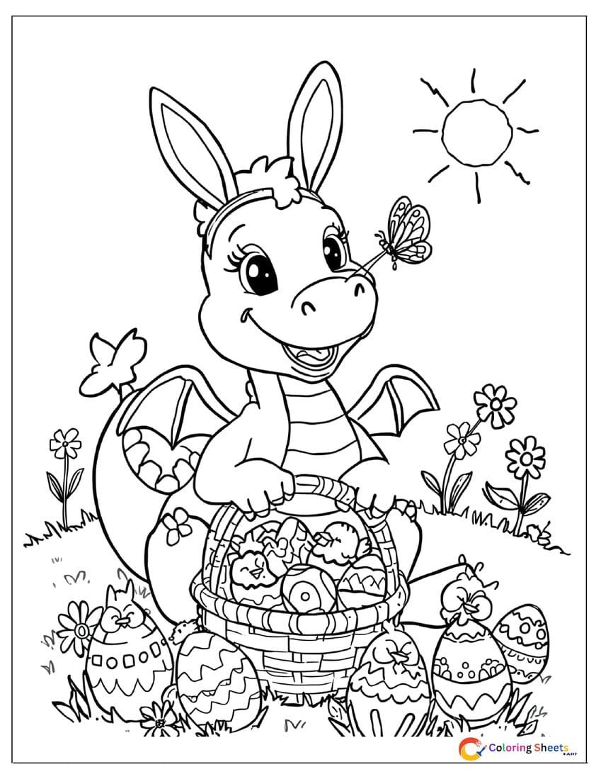 Cute cartoon Easter dragon coloring page wearing bunny ears filling an egg basket in a flower meadow with baby chicks and butterflies , free printable PDF