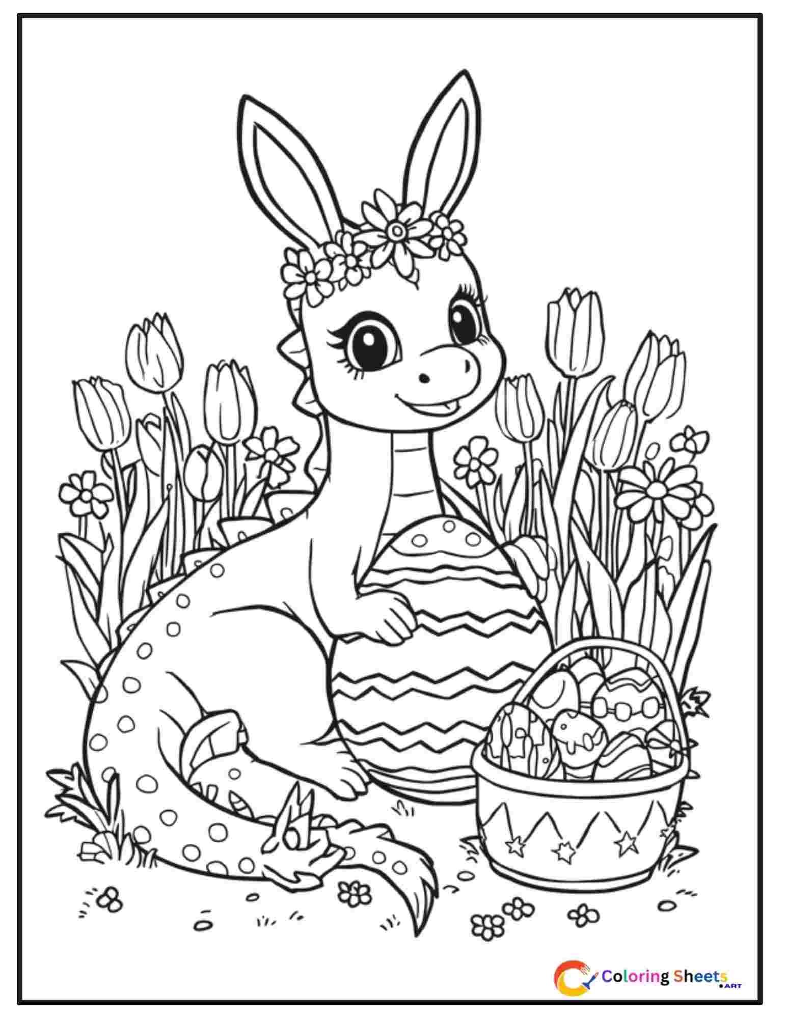Easter coloring page of a cute dragon wearing bunny ears sitting in a flower meadow surrounded by decorated Easter eggs with different patterns