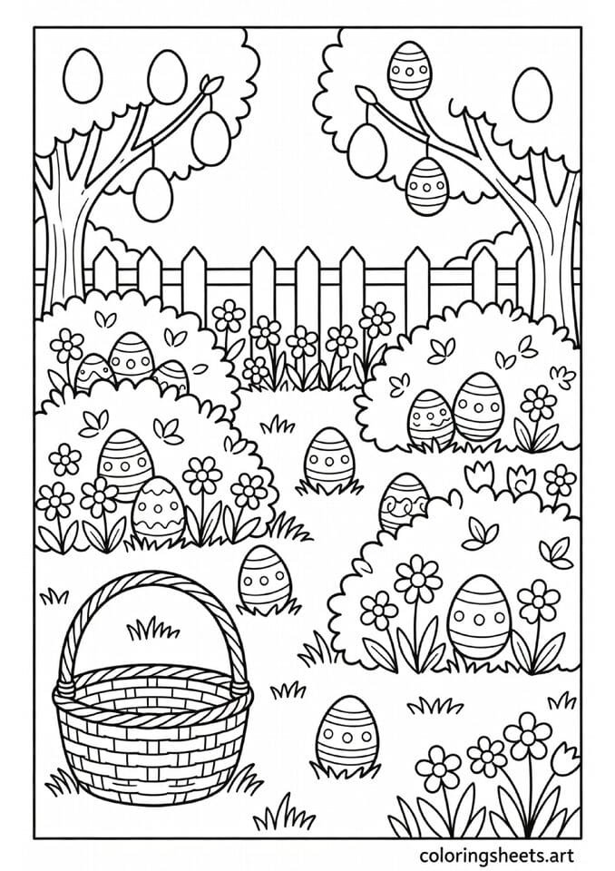 Easter egg hunt garden scene with decorated eggs hidden in flowers bushes and grass coloring page for kids — free printable PDF