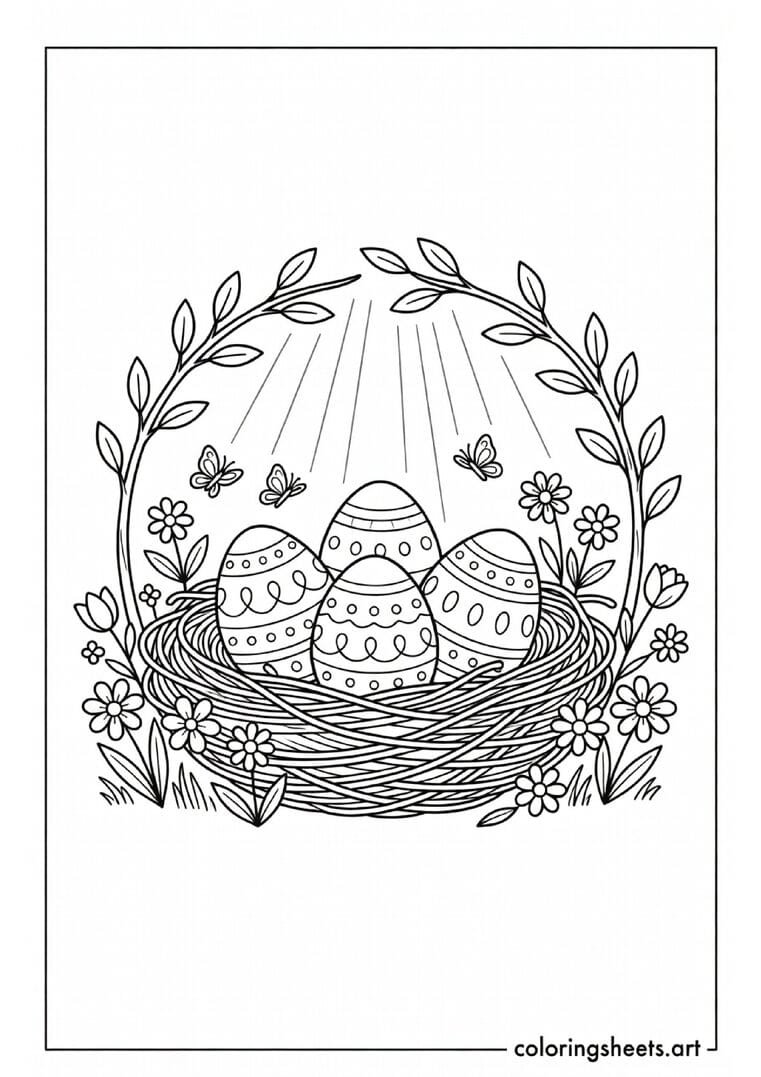 Three decorated Easter eggs in a nest with spring flowers and butterflies coloring page for kids — free printable PDF