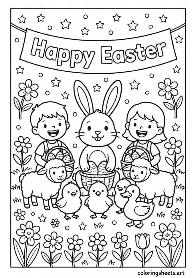 Big Easter group scene coloring page with bunny chicks lambs duck and children under Happy Easter banner with eggs and spring flowers — free printable PDF
