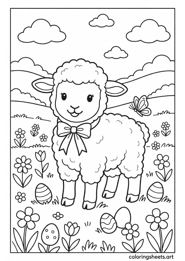 Sweet fluffy Easter lamb wearing a ribbon bow in a spring flower field with Easter eggs and butterfly coloring page for kids — free printable PDF