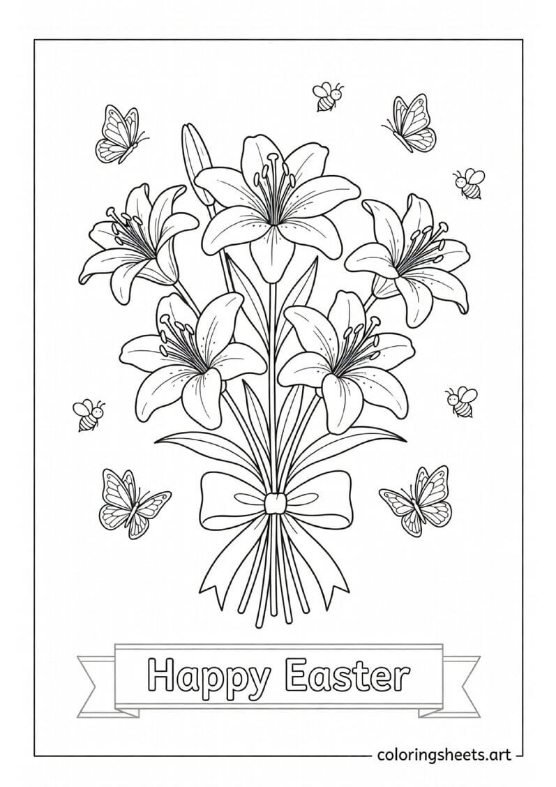 Beautiful Easter lily bouquet with ribbon bow butterflies and Happy Easter banner coloring page for kids and adults — free printable PDF