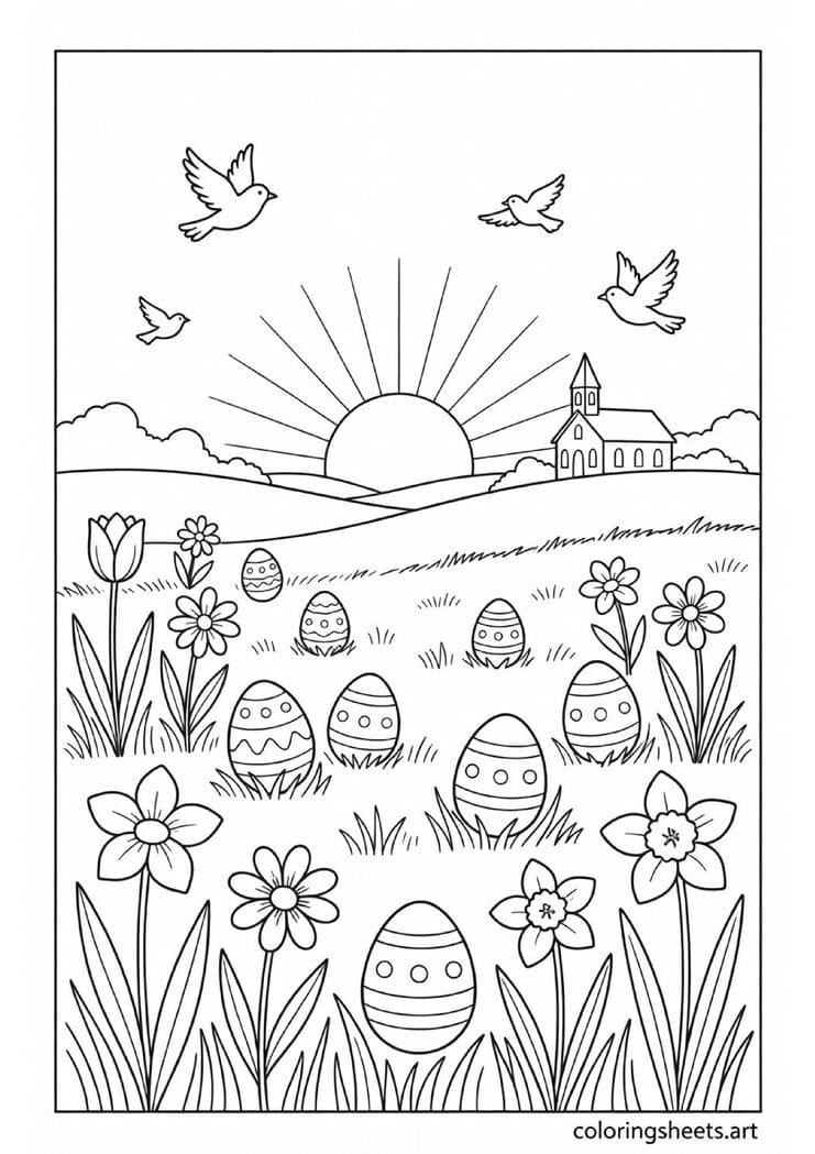 Easter morning sunrise over a spring meadow with flowers eggs and a small church on a hill coloring page — free printable PDF