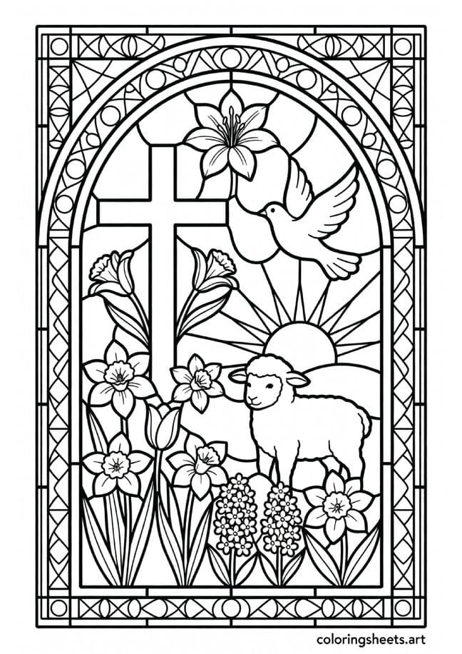 Stained glass window style Easter coloring page with cross lily dove sunrise lamb and spring flower symbols in arch frame — free printable PDF