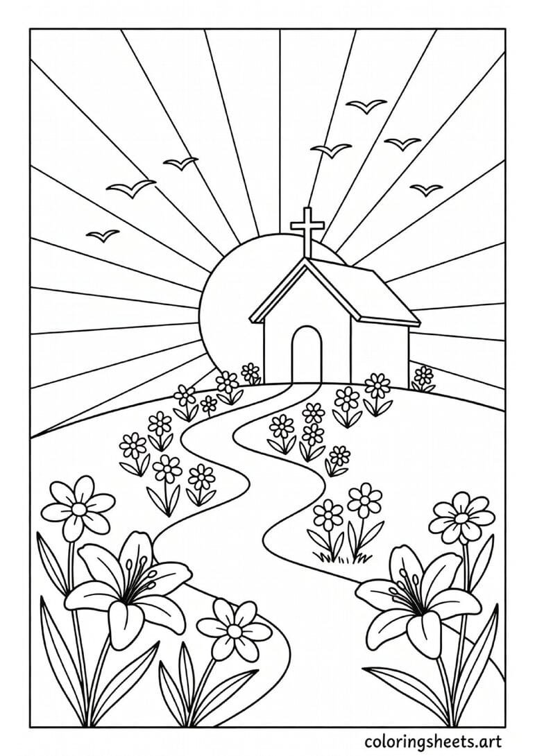 Easter sunrise church coloring page with small chapel on a hill sunbeams and Easter lilies on a spring morning — free printable PDF
