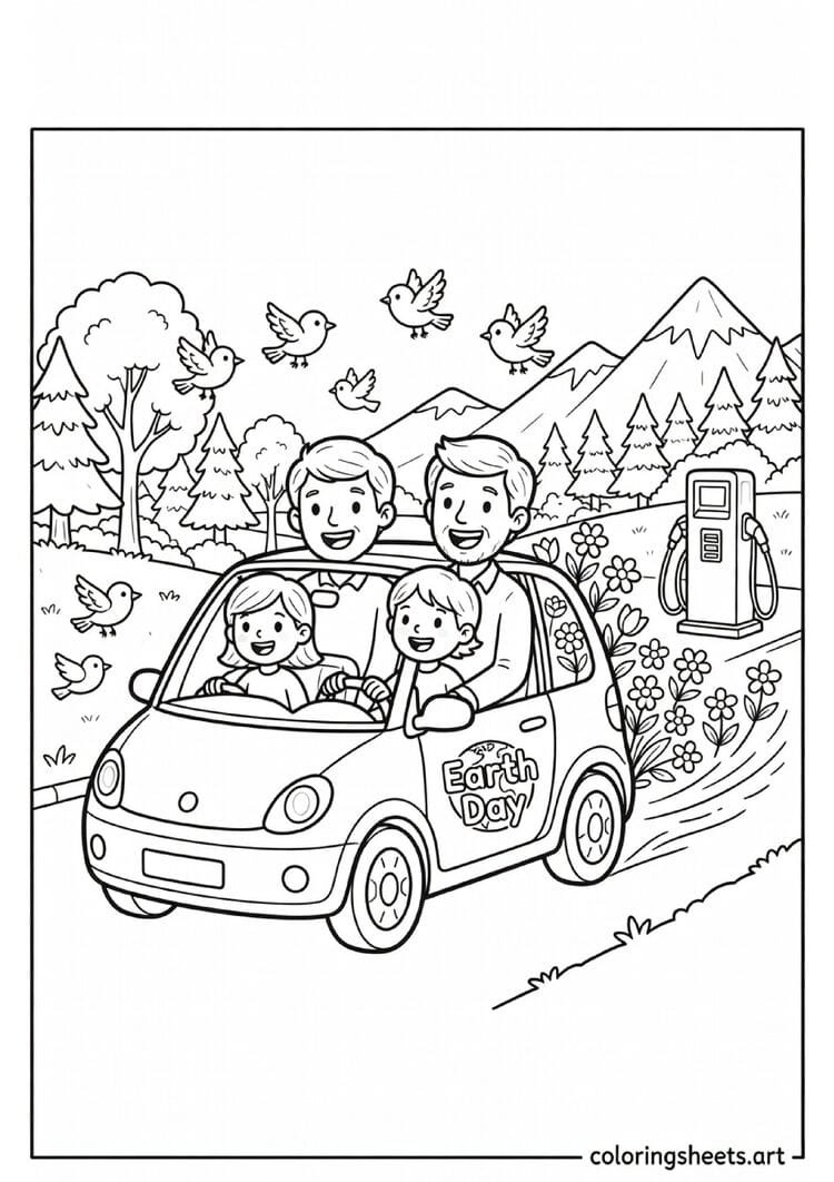 Happy family in electric car road trip through nature with flowers instead of exhaust and Earth Day sticker coloring page — free printable PDF
