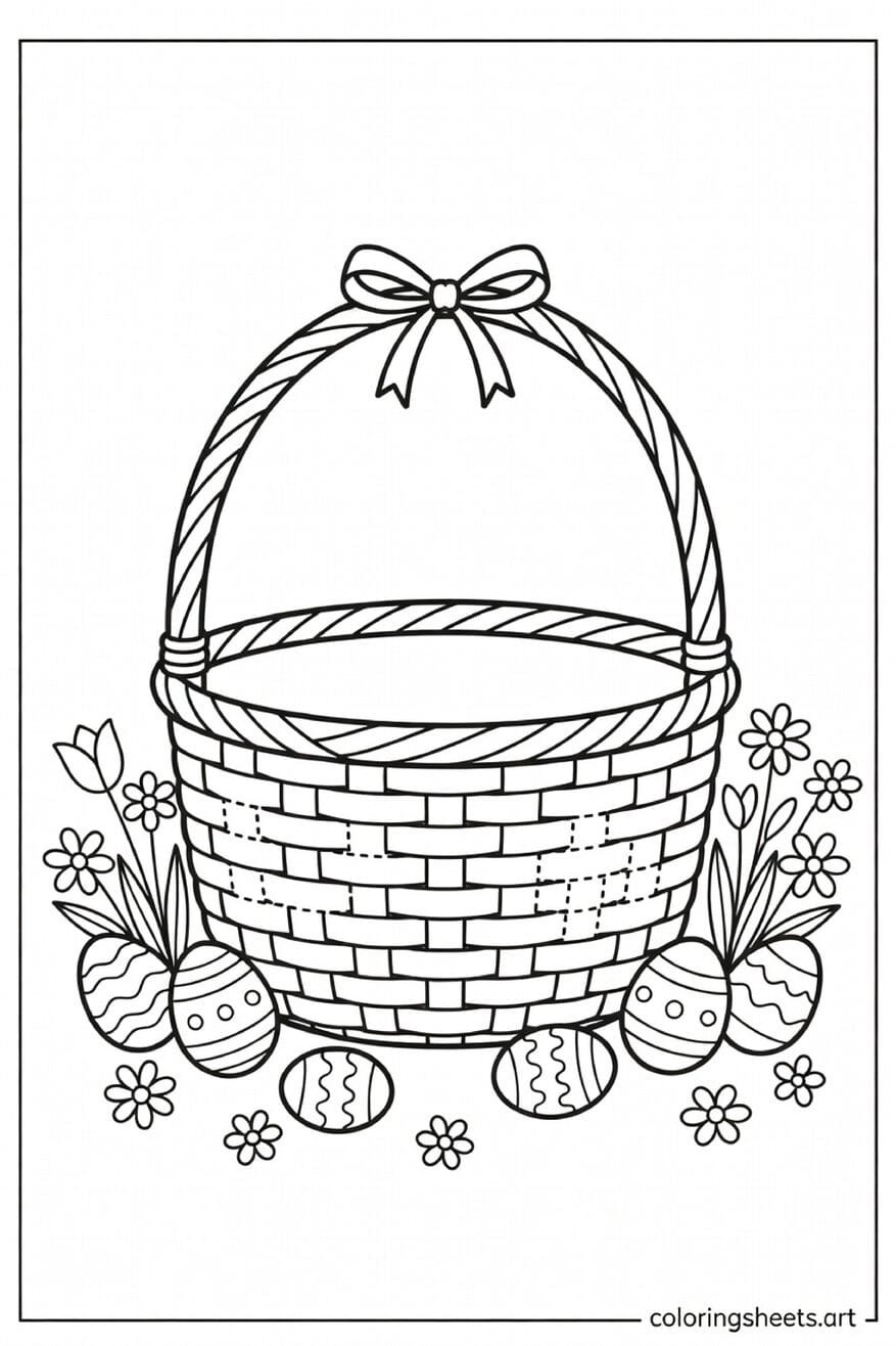 Empty Easter basket ready to decorate with bow handle and spring flowers coloring page for kids to customize — free printable PDF