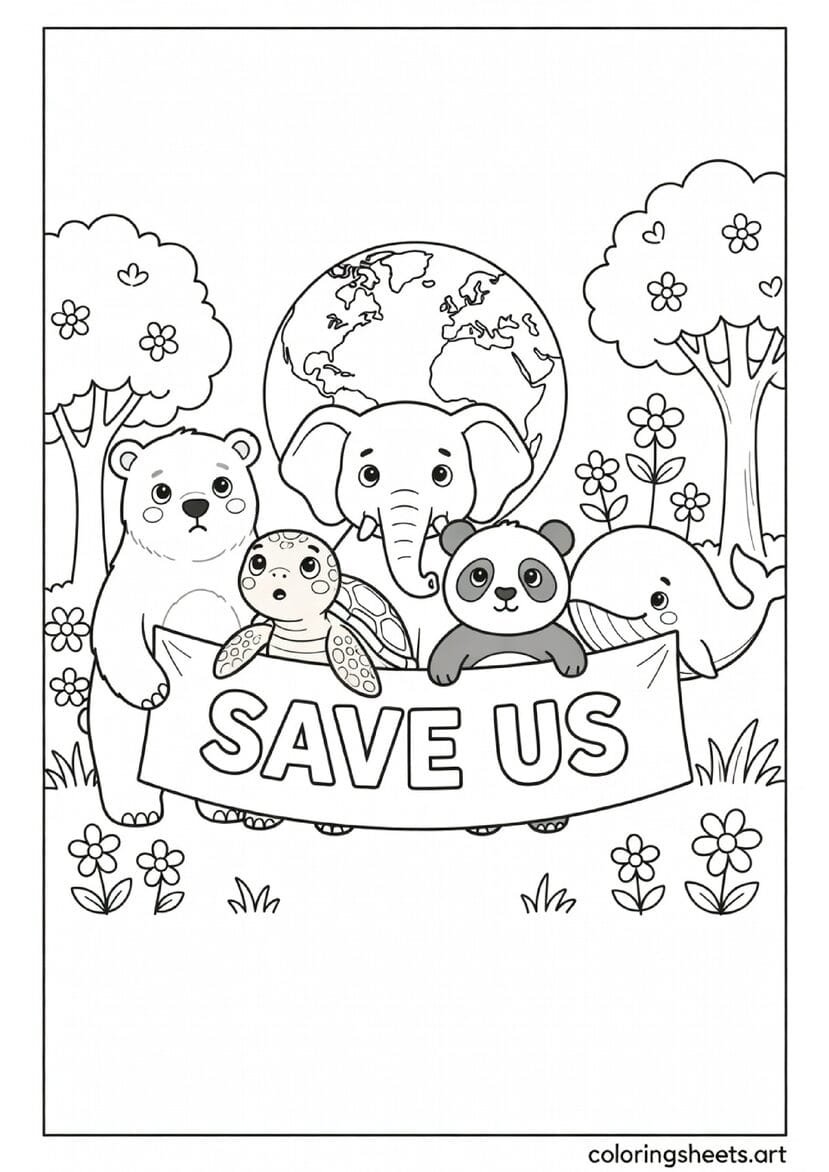 Endangered animals polar bear panda sea turtle elephant and whale holding Save Us banner Earth Day coloring page — free printable PDF