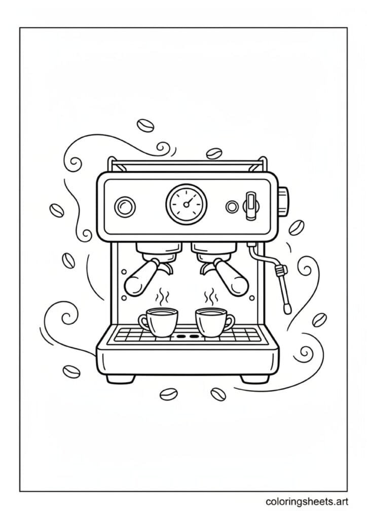 Classic espresso machine front view pressure gauge portafilter handles steam wand two espresso cups drip tray coffee beans steam swirls coloring page