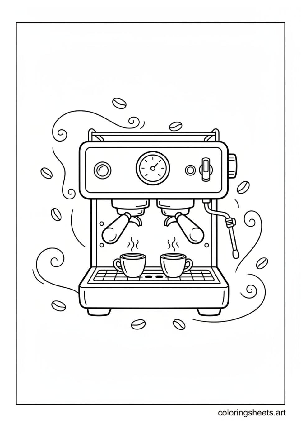Classic espresso machine front view pressure gauge portafilter handles steam wand two espresso cups drip tray coffee beans steam swirls coloring page