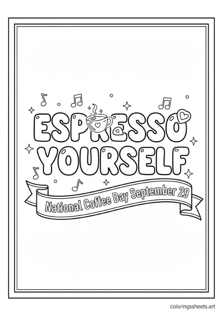 Espresso Yourself pun lettering with espresso cup replacing O musical notes star bursts National Coffee Day September 29 banner coloring page