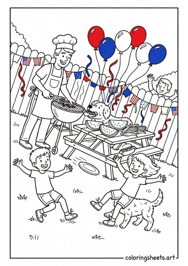 American family cookout scene with dad at grill kids playing frisbee watermelon red white blue decorations and dog stealing bun Fathers Day coloring page — free printable PDF