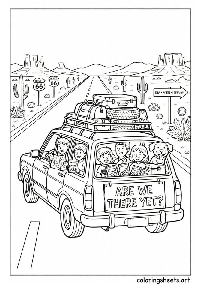 Classic American family road trip station wagon on highway with dog out window Are We There Yet sign mountains and Route 66 signs summer coloring page — free printable PDF