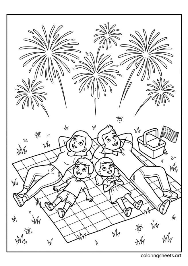 American family lying on blanket watching 4th of July fireworks with picnic basket flag and fireflies in dark grass coloring page — free printable PDF