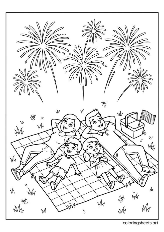 American family lying on blanket watching 4th of July fireworks with picnic basket flag and fireflies in dark grass coloring page — free printable PDF