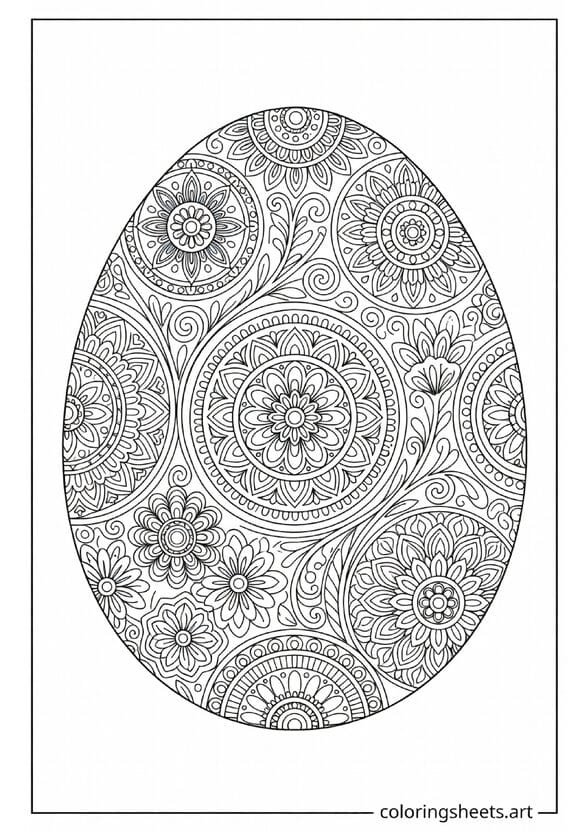 Fancy ornamental Easter egg with intricate mandala floral and geometric pattern coloring page for older kids and adults — free printable PDF