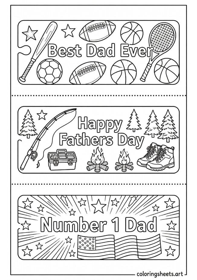 Three Fathers Day bookmark designs Best Dad Ever Happy Fathers Day and Number 1 Dad with American sports patterns coloring page — free printable PDF