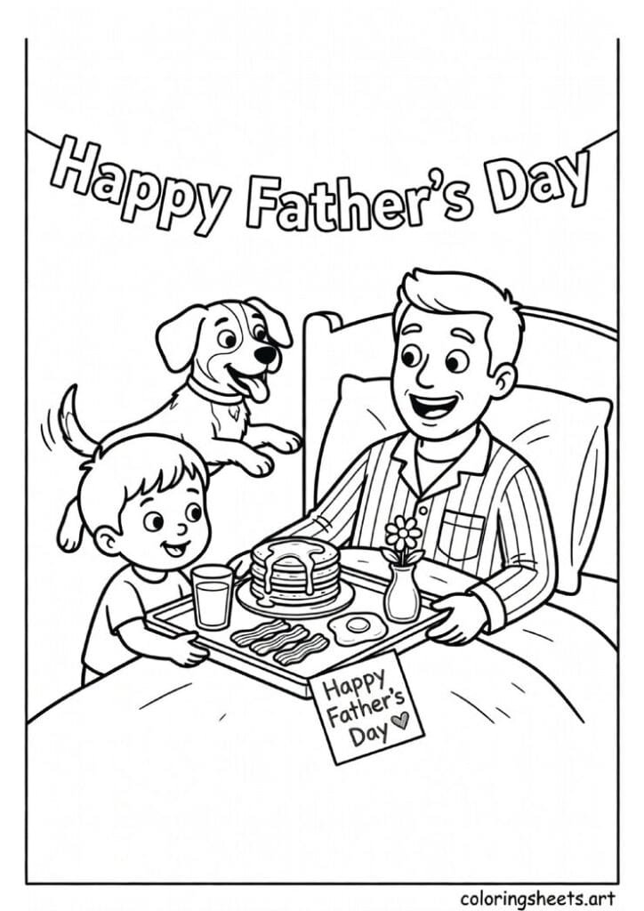 Child carrying breakfast in bed tray with pancakes bacon eggs and Happy Fathers Day card to surprised dad with dog jumping on bed coloring page — free printable PDF