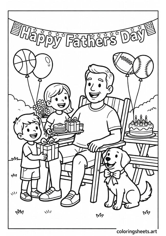 Dad in decorated lawn chair with children bringing gifts Happy Fathers Day banner sports ball balloons cake and dog with bow Fathers Day coloring page — free printable PDF