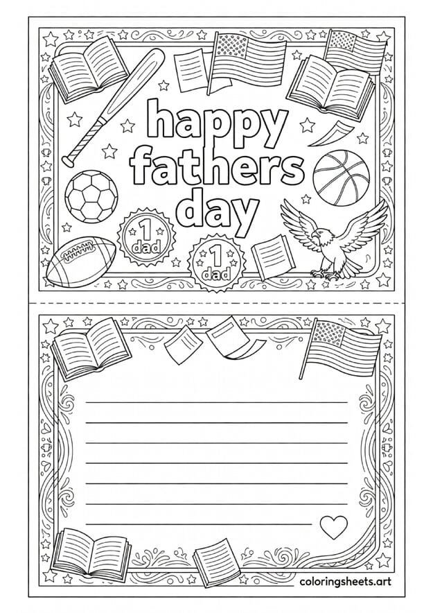 Foldable Fathers Day greeting card coloring page with Happy Fathers Day sports equipment Number 1 Dad badge and personal message space — free printable PDF