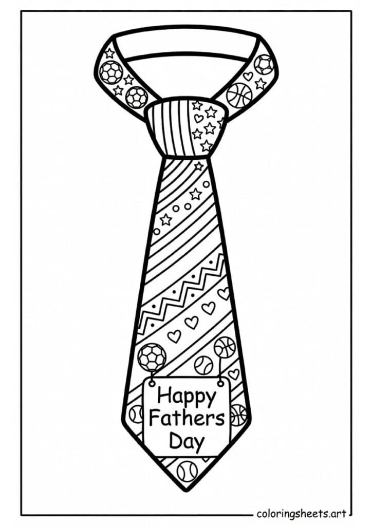 Large necktie with different pattern sections stripes dots stars hearts and Happy Fathers Day tag coloring page for kids — free printable PDF
