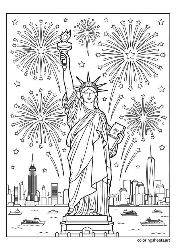 Statue of Liberty with torch raised and multiple large fireworks bursting above in night sky New York harbor below 4th of July coloring page — free printable PDF