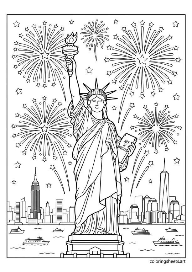 Statue of Liberty with torch raised and multiple large fireworks bursting above in night sky New York harbor below 4th of July coloring page — free printable PDF