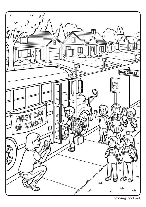 Parent photographing child boarding school bus on first day with neighborhood kids at American suburban bus stop coloring page — free printable PDF
