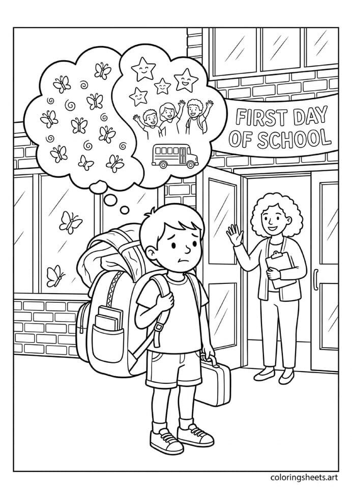 Child at school door with split thought bubble showing nervous butterflies and excited stars with welcoming teacher first day back to school coloring page — free printable PDF