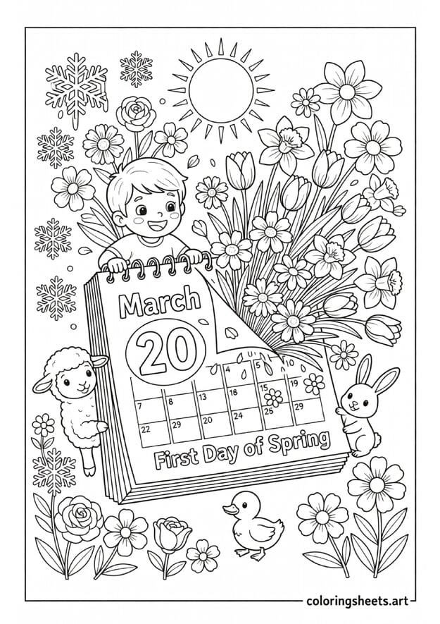 First Day of Spring March 20 calendar with flowers bursting out winter to spring transition coloring page for kids
