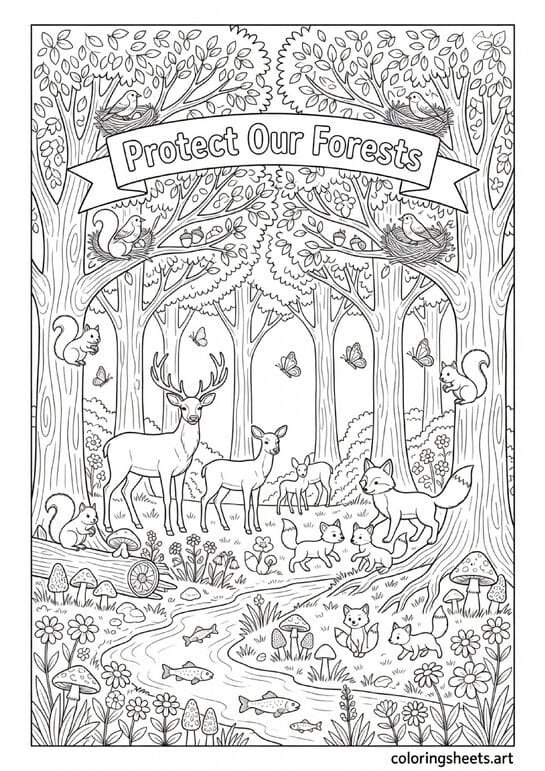 Healthy forest scene with deer squirrels birds and fox Protect Our Forests Earth Day coloring page for kids — free printable PDF
