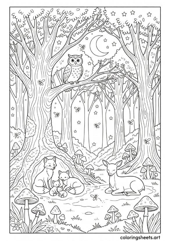Magical nighttime forest scene with owl fireflies fox family and moonlit mushrooms Earth Day coloring page for kids — free printable PDF