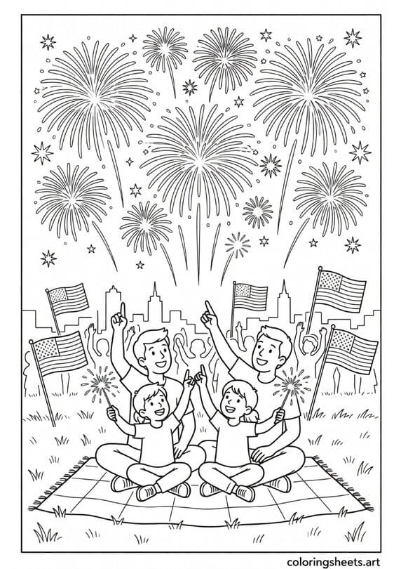 Family watching Fourth of July fireworks with sparklers American flags and city skyline Independence Day summer coloring page — free printable PDF