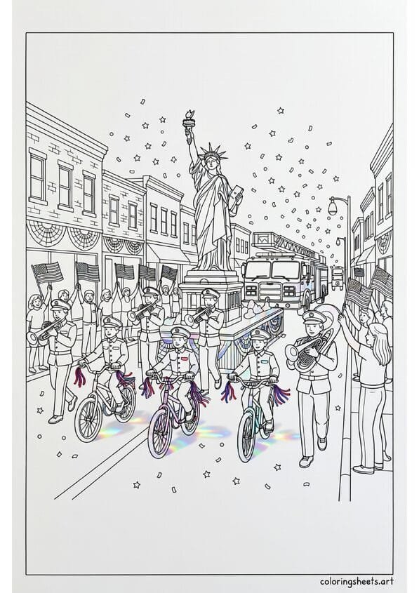 Classic American Fourth of July small town parade with marching band decorated bikes Statue of Liberty float and confetti coloring page — free printable PDF