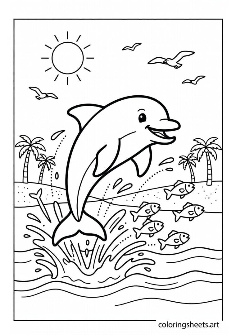 Cheerful cartoon dolphin jumping out of ocean waves with fish school beach palm trees and seagulls summer coloring page — free printable PDF