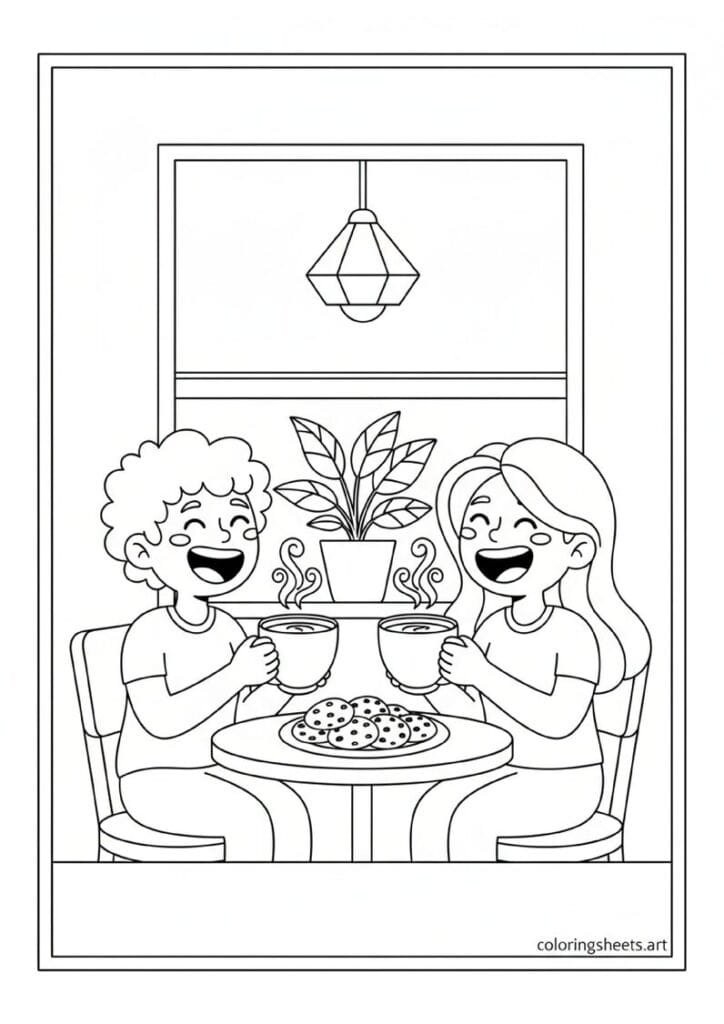Two cartoon friends at café table holding coffee cups laughing cookies on table pendant lamp window plant coloring page