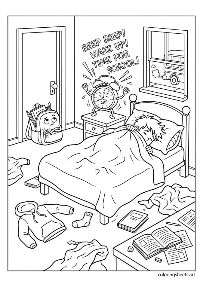 Funny alarm clock cartoon character ringing while kid hides under covers with school bus leaving outside window back to school coloring page — free printable PDF