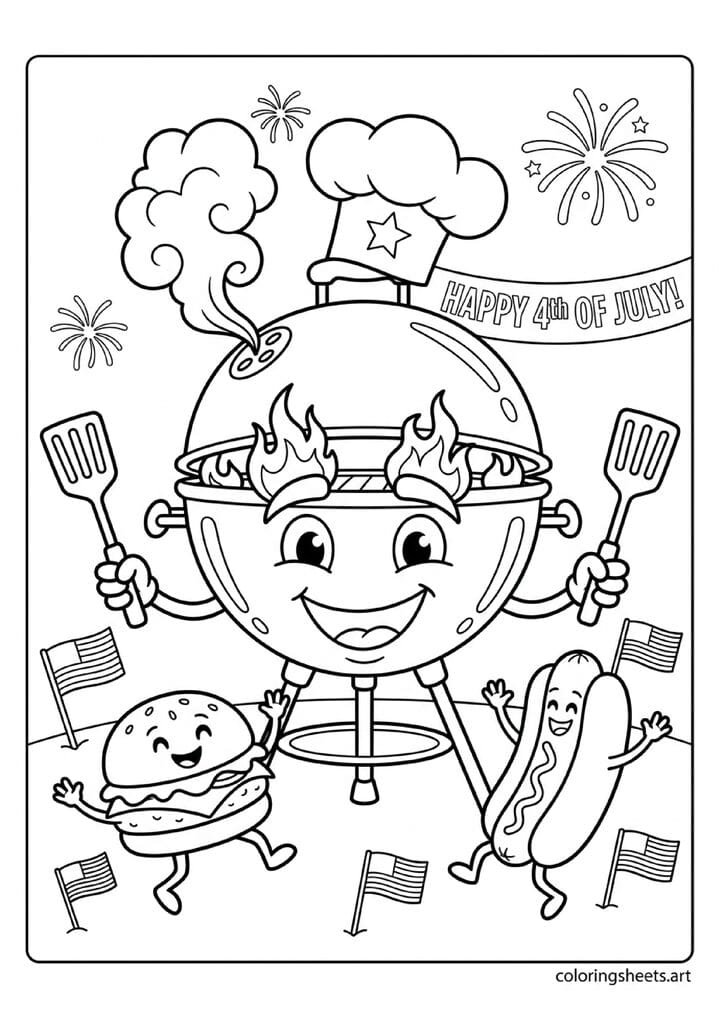 Hilarious cartoon BBQ grill character with smiling face flame eyebrows chef hat spatula arms burger hot dog friends dancing American flags 4th of July coloring page — free printable PDF