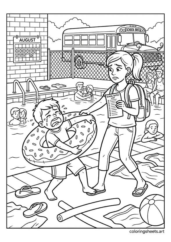 Funny cartoon kid being dragged from pool holding pool float with parent holding backpack and school bus visible back to school coloring page — free printable PDF