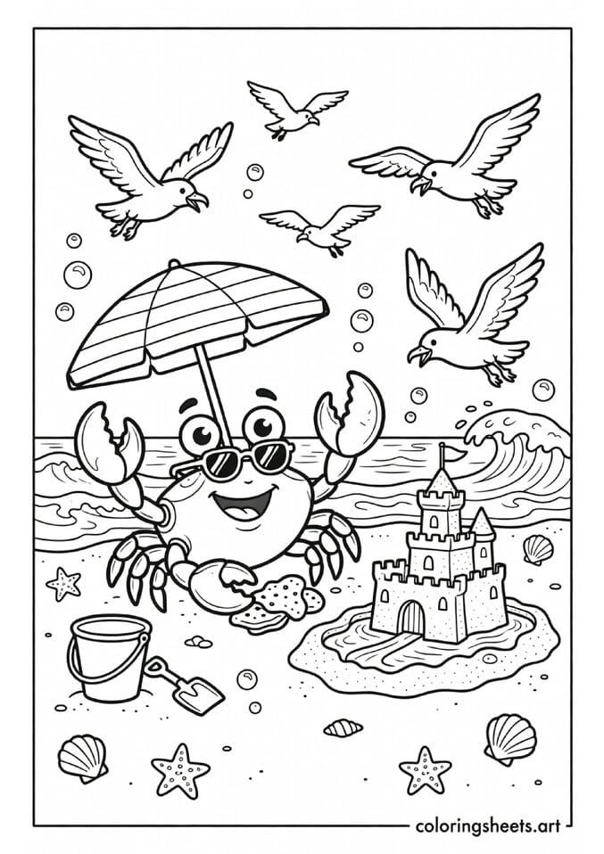 Funny cartoon crab with sunglasses and beach umbrella beside sandcastle with seagulls watching summer coloring page — free printable PDF