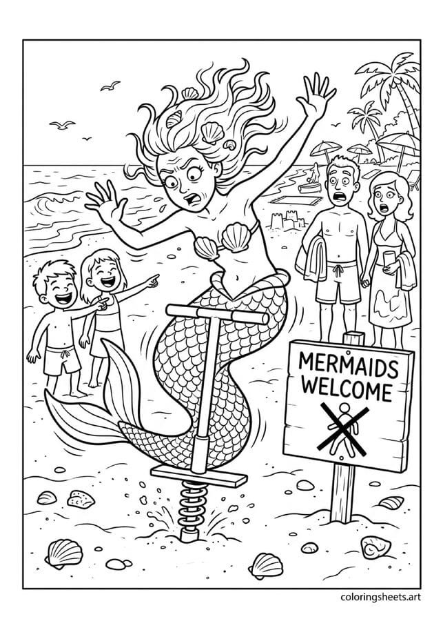 Hilarious mermaid awkwardly hopping on land using tail arms flailing confused beach goers staring Mermaids Welcome sign behind her coloring page — free printable PDF