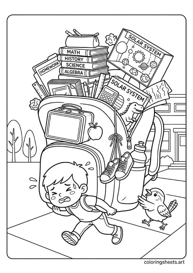 Funny child overwhelmed by giant overloaded backpack bursting with books lunch box shoes and school supplies with bird helping push back to school coloring page — free printable PDF