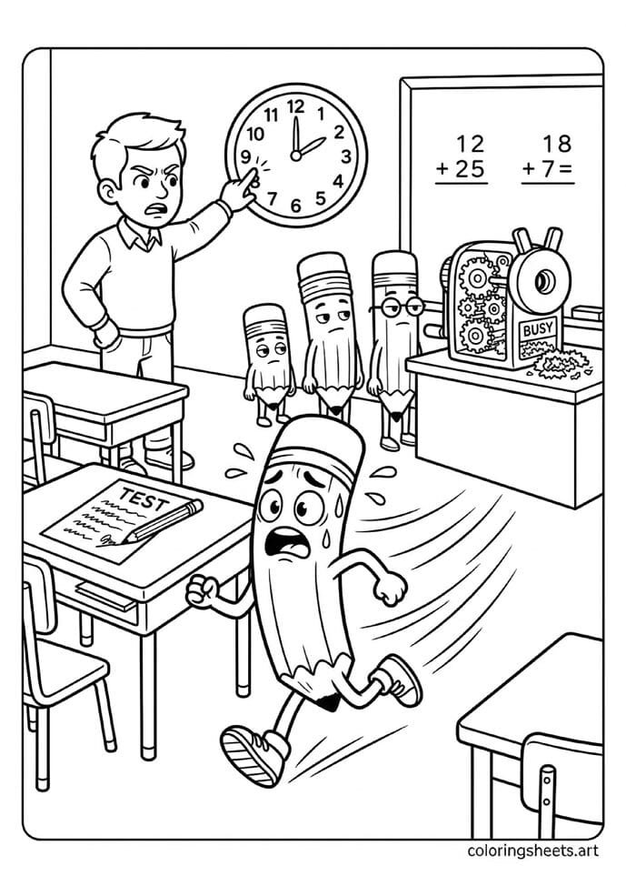 Funny cartoon pencil character dramatically racing to pencil sharpener with worn down lead and unfinished test on desk back to school coloring page — free printable PDF