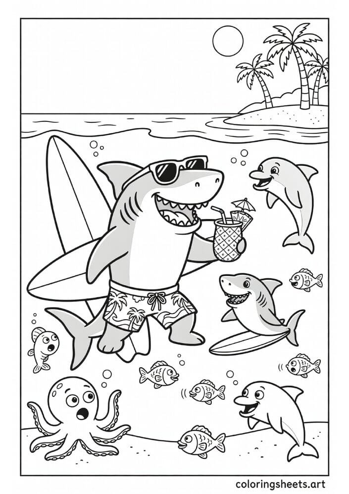 Funny cartoon shark in board shorts with surfboard sunglasses pineapple drink and baby shark with tiny surfboard summer coloring page — free printable PDF